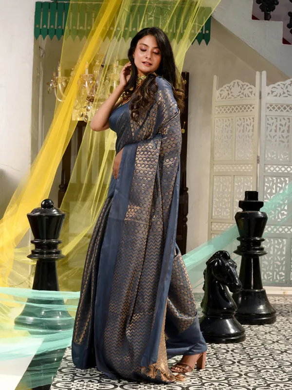 Authentic_Gunmetal_Grey_Linen_Tissue_Silk_Handloom_Bhagalpuri_Weaving_Motif_Designer_Saree