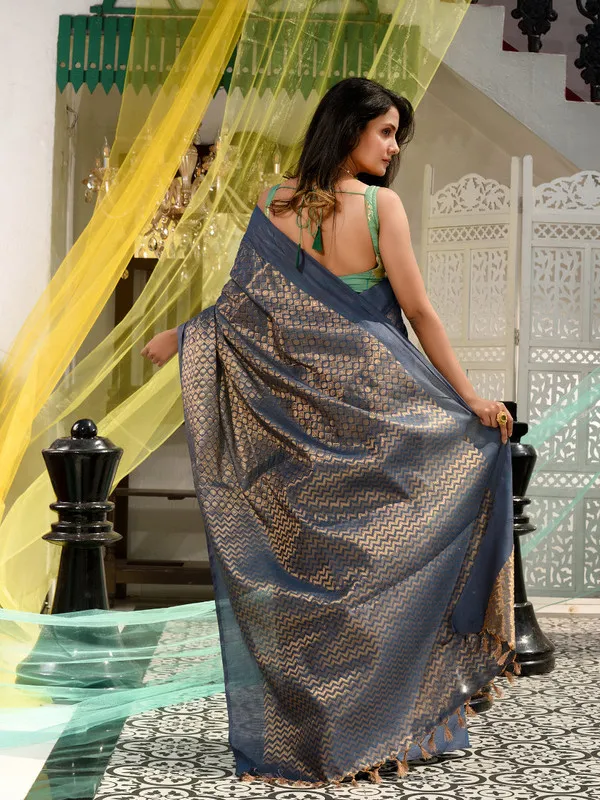 Authentic_Gunmetal_Grey_Linen_Tissue_Silk_Handloom_Bhagalpuri_Weaving_Motif_Designer_Saree