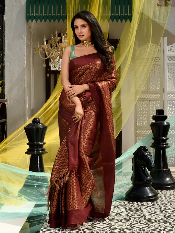 Authentic_Maroon_Red_Maroon_Red_Linen_Tissue_Silk_Designer_Handloom_Bhagalpuri_Saree
