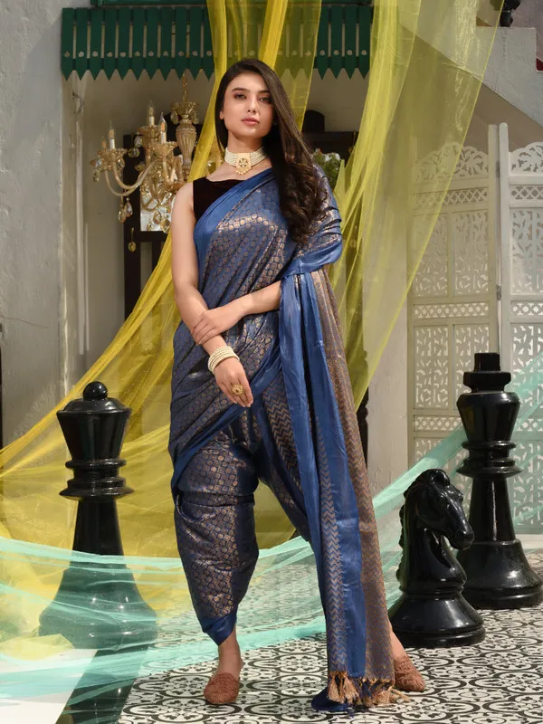 Authentic_Rhinaya_Blue_Bhagalpuri_Linen_Tissue_Silk_Handloom_Motif_Designer_Saree
