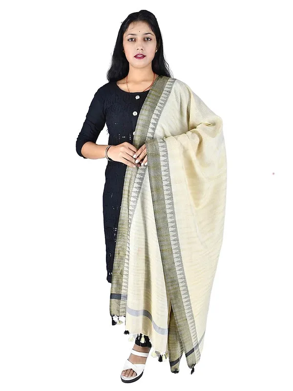 Handloom_Linen_Blend_Natural_Textured_Color_Temple_Border_Dupatta_(Black)