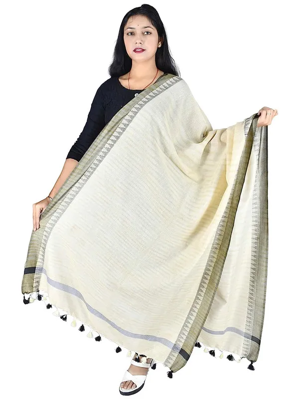 Handloom_Linen_Blend_Natural_Textured_Color_Temple_Border_Dupatta_(Black)