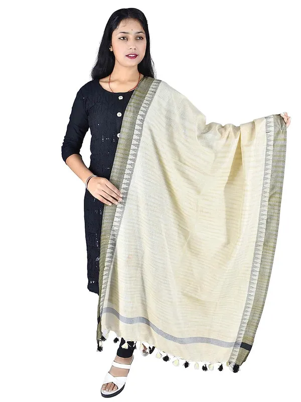 Handloom_Linen_Blend_Natural_Textured_Color_Temple_Border_Dupatta_(Black)