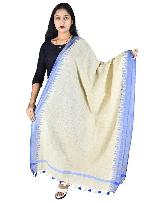 Bhagalpuri_Linen_Blend_Textured_Blue_Temple_Border_Handloom_Dupatta