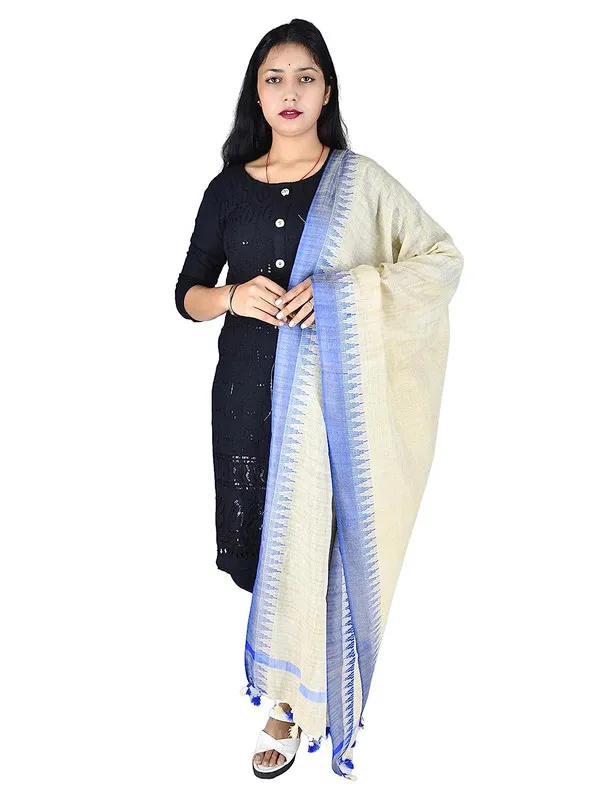 Bhagalpuri_Linen_Blend_Textured_Blue_Temple_Border_Handloom_Dupatta