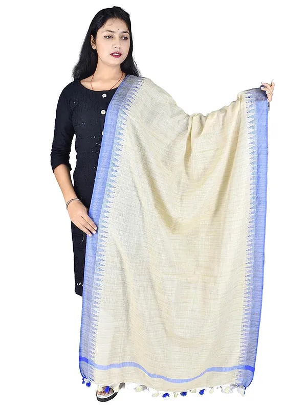 Bhagalpuri_Linen_Blend_Textured_Blue_Temple_Border_Handloom_Dupatta