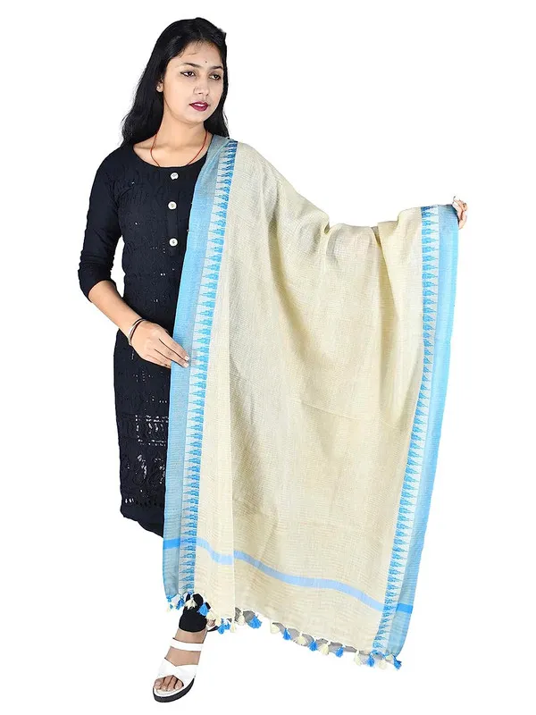 Handloom_Linen_Blend_Temple_Border_Bhagalpuri_Dupatta_(Cyan)