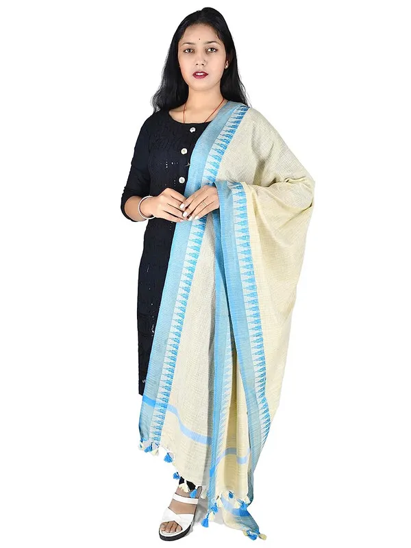 Handloom_Linen_Blend_Temple_Border_Bhagalpuri_Dupatta_(Cyan)