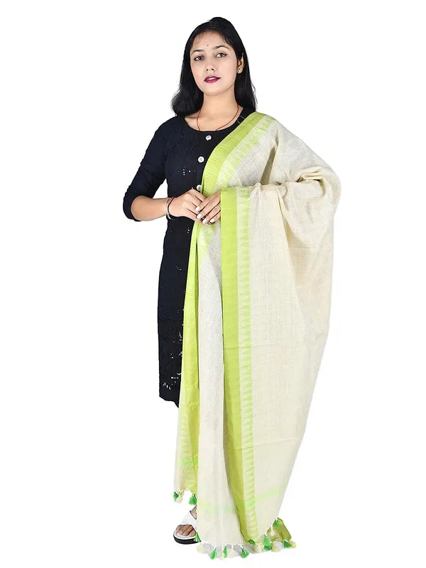 Women's_Handloom_Bhagalpuri_Linen_Blend_Temple_Border_Dupatta_(Parrot_Green)