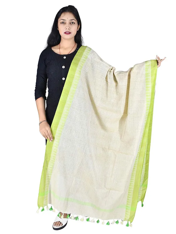 Women's_Handloom_Bhagalpuri_Linen_Blend_Temple_Border_Dupatta_(Parrot_Green)
