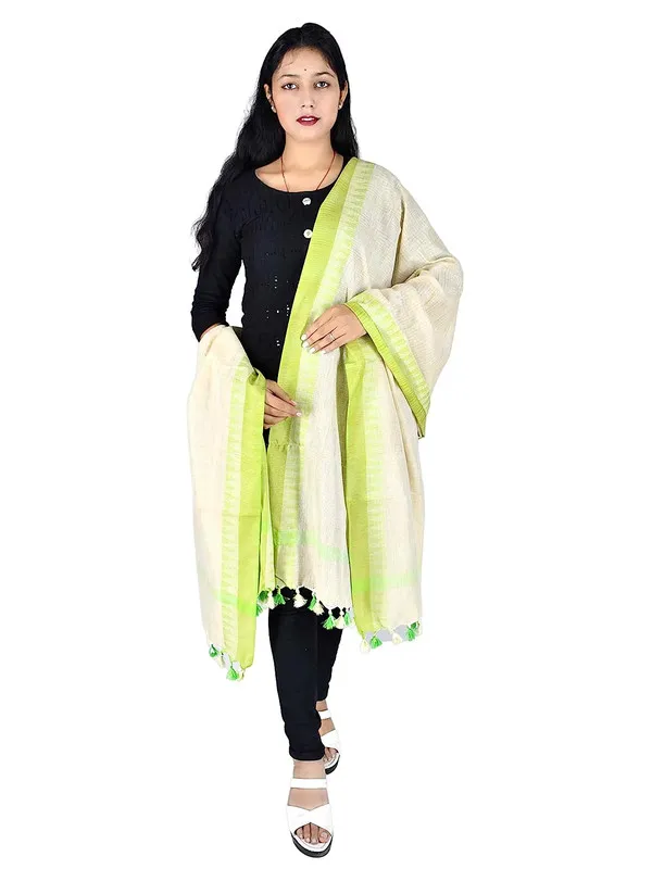 Women's_Handloom_Bhagalpuri_Linen_Blend_Temple_Border_Dupatta_(Parrot_Green)