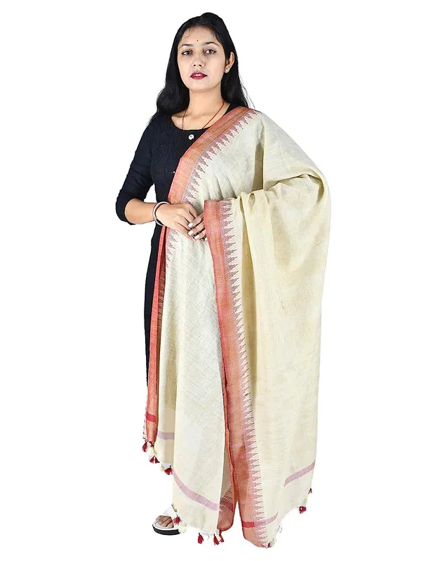 Red_Handloom_Temple_Border_Bhagalpuri_Linen_Blend_Dupatta