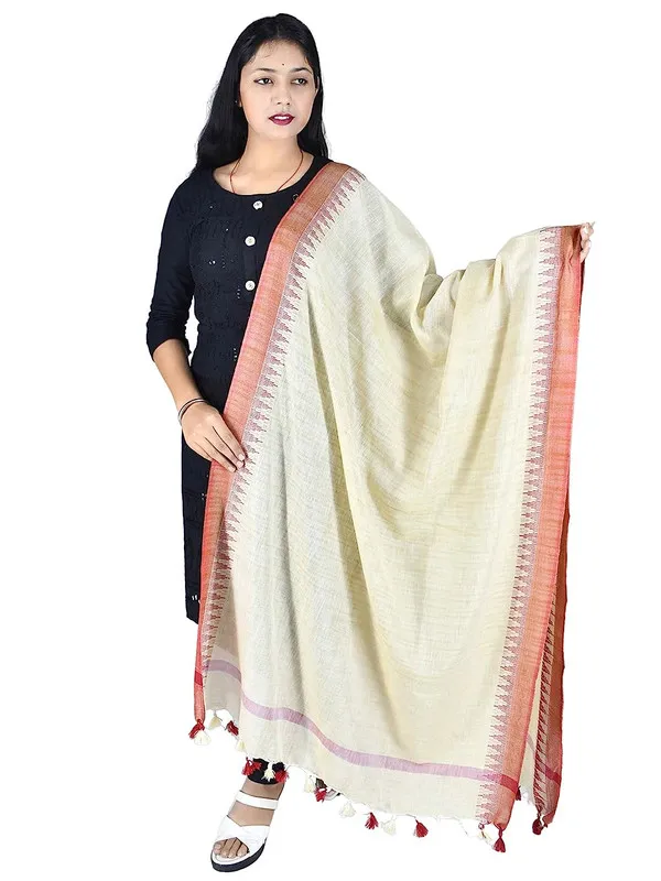 Red_Handloom_Temple_Border_Bhagalpuri_Linen_Blend_Dupatta