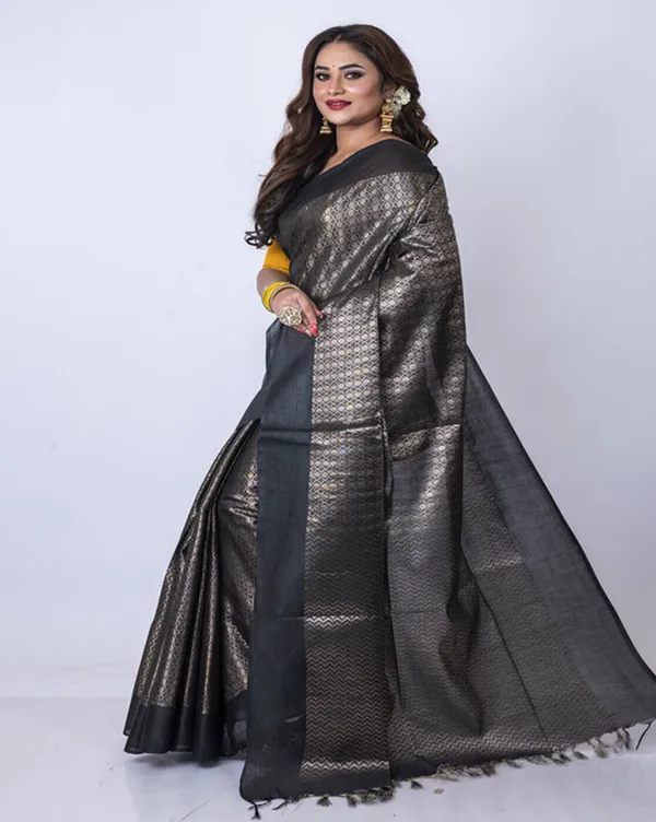 Authentic_Black_Women's_Handloom_Bhagalpuri_Cotton_Tissue_Silk_Geometric_Zari_Weaving_Designer_Black_Saree