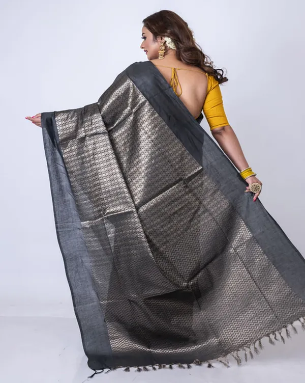 Authentic_Black_Women's_Handloom_Bhagalpuri_Cotton_Tissue_Silk_Geometric_Zari_Weaving_Designer_Black_Saree