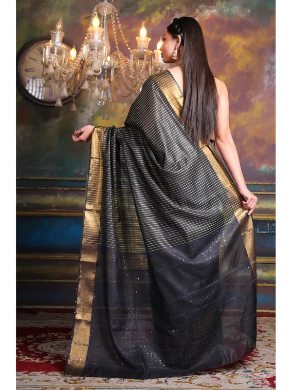 Authentic_Women's_Handloom_Cotton_Silk_Striped_Sequin_Pallu_Bhagalpuri_Saree_(Black)