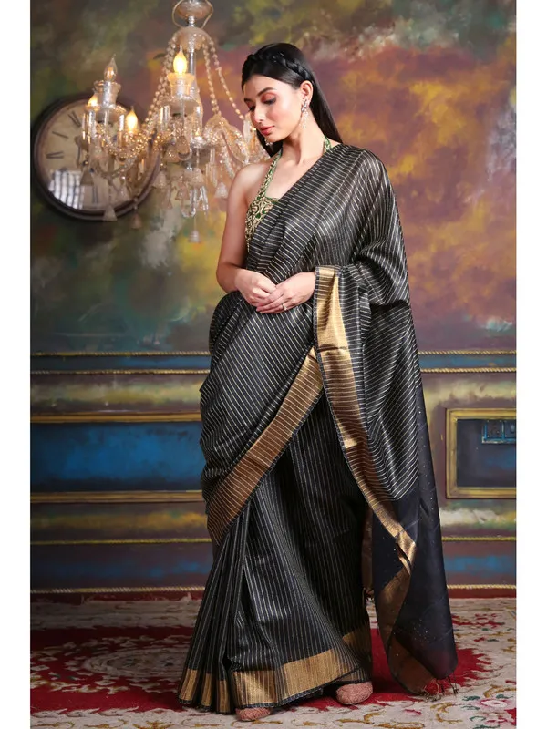 Authentic_Women's_Handloom_Cotton_Silk_Striped_Sequin_Pallu_Bhagalpuri_Saree_(Black)