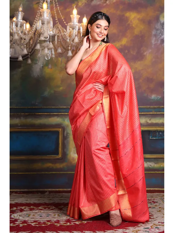 Authentic_Handloom_Bhagalpuri_Cotton_Silk_Striped_Sequin_Saree_(_Red)