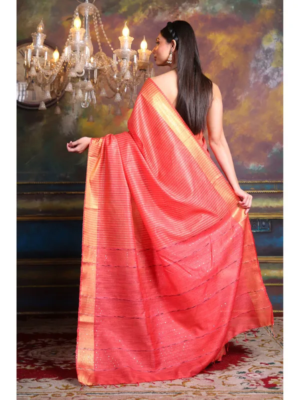 Authentic_Handloom_Bhagalpuri_Cotton_Silk_Striped_Sequin_Saree_(_Red)