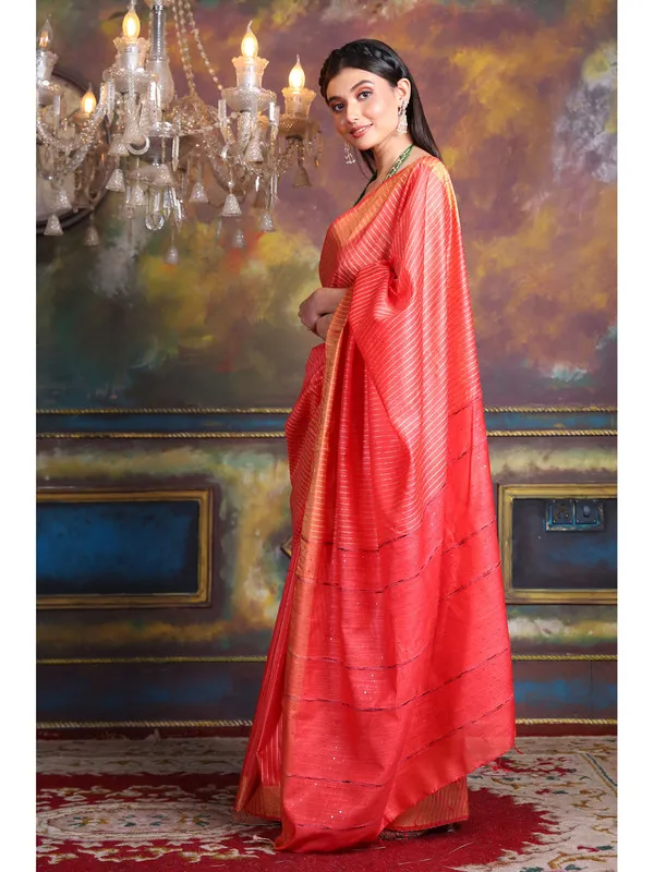 Authentic_Handloom_Bhagalpuri_Cotton_Silk_Striped_Sequin_Saree_(_Red)