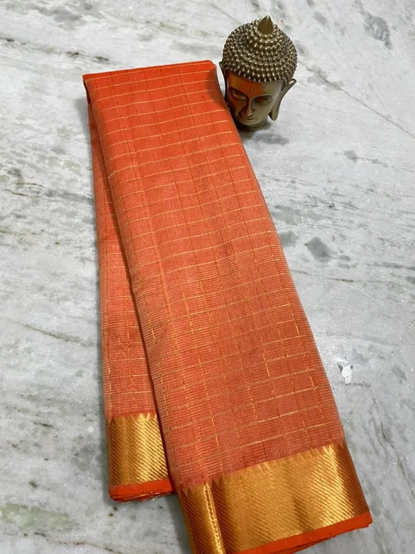 Authentic_Cotton_Silk_Handloom_Bhgalpuri_Check_Saree_with_Gold_Zari_Border_for_Women_(_SB-100147_Bluffer_Orange)
