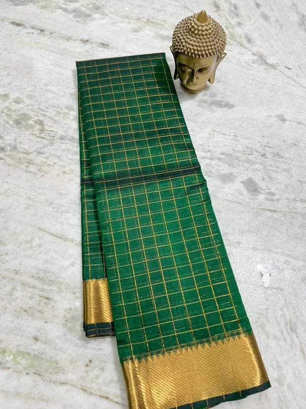 Authentic_Cotton_Silk_Handloom_Bhgalpuri_Check_Saree_with_Gold_Zari_Border_for_Women_(_SB-100148_British_Green)