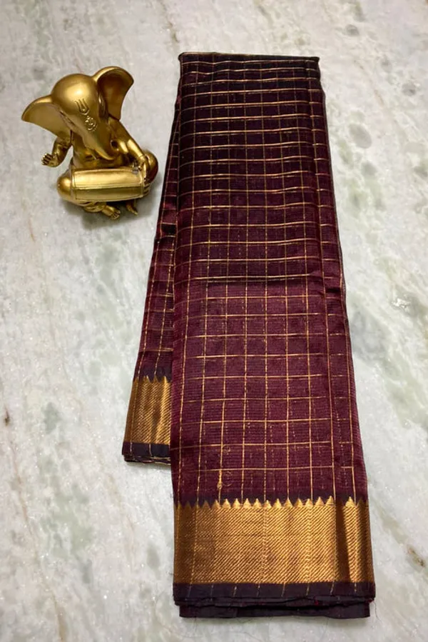Authentic_Cotton_Silk_Handloom_Bhgalpuri_Check_Saree_with_Gold_Zari_Border_for_Women_(_SB-100150_Chocolate_Brown)
