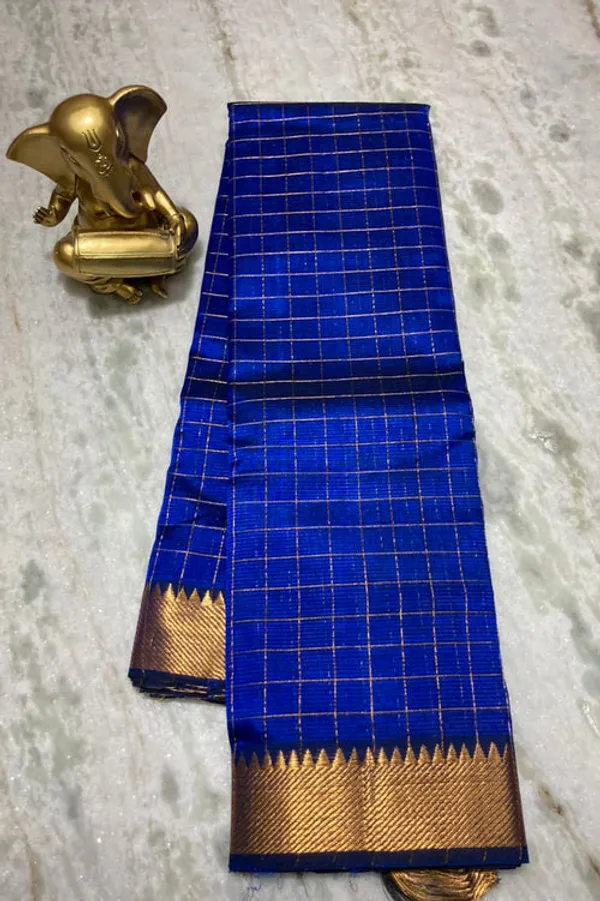 Premium_Cotton_Silk_Handloom_Bhgalpuri_Check_Saree_with_Gold_Zari_Border_for_Women_(_SB-100151_Cobalt_Blue)