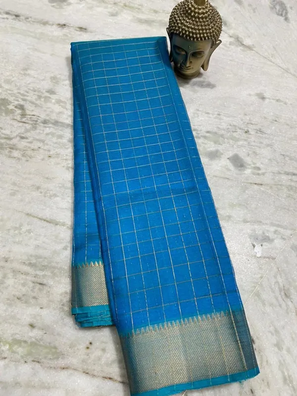 Authentic_Cotton_Silk_Handloom_Bhgalpuri_Check_Saree_with_Gold_Zari_Border_for_Women_(_SB-100158_Neon_Cyan)
