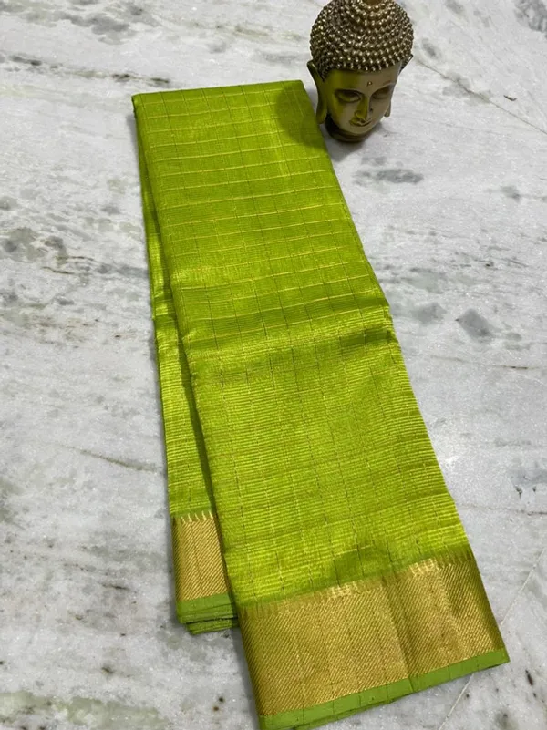 Authentic_Cotton_Silk_Handloom_Bhgalpuri_Check_Saree_with_Gold_Zari_Border_for_Women_(_SB-100160_Parrot_Green)