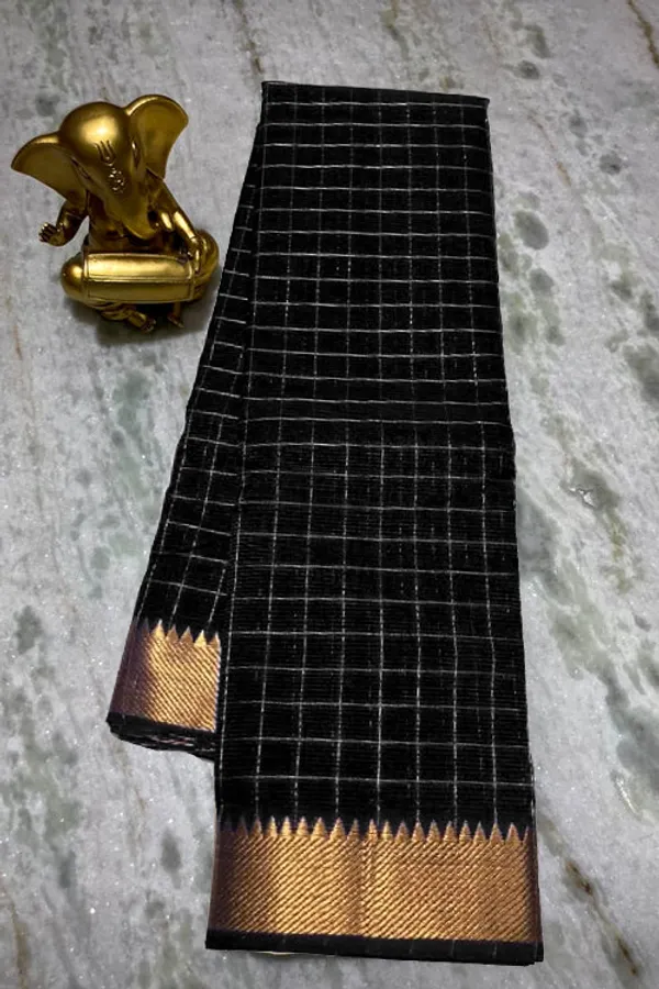 Authentic_Cotton_Silk_Handloom_Bhgalpuri_Check_Saree_with_Gold_Zari_Border_for_Women_(_SB-100163_Black)