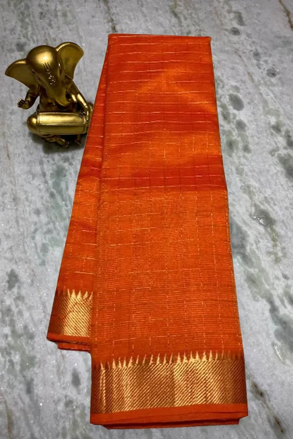 Authentic_Cotton_Silk_Handloom_Bhgalpuri_Check_Saree_with_Gold_Zari_Border_for_Women_(_SB-100164_Bright_Orange)