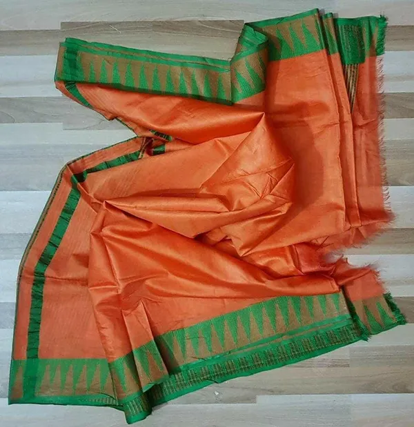 Semi_Tussar_Silk_Handloom_Temple_Border_Bhagalpuri_Saree_(100173_Bright_Orange-British_Green)