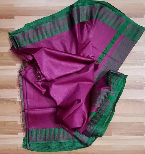 Semi_Tussar_Silk_Handloom_Temple_Border_Bhagalpuri_Saree_(100185_Fuchsia_Purple-British_Green)