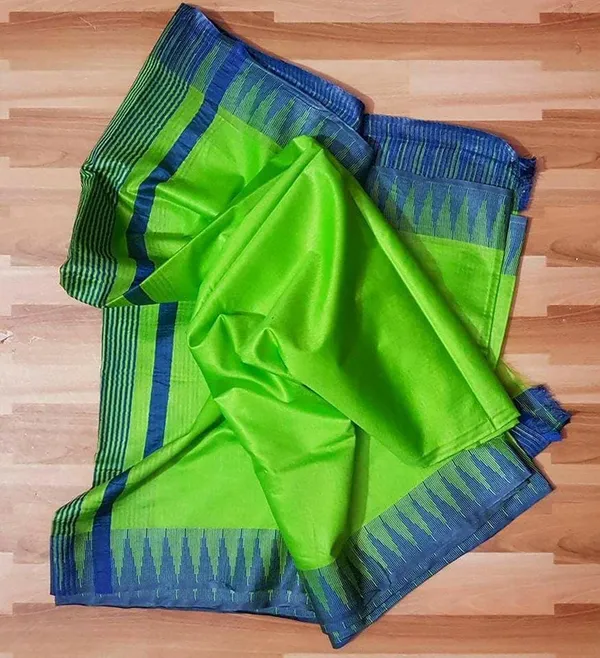 Semi_Tussar_Silk_Handloom_Temple_Border_Bhagalpuri_Saree_(100187_Lawn_Green-Blue)