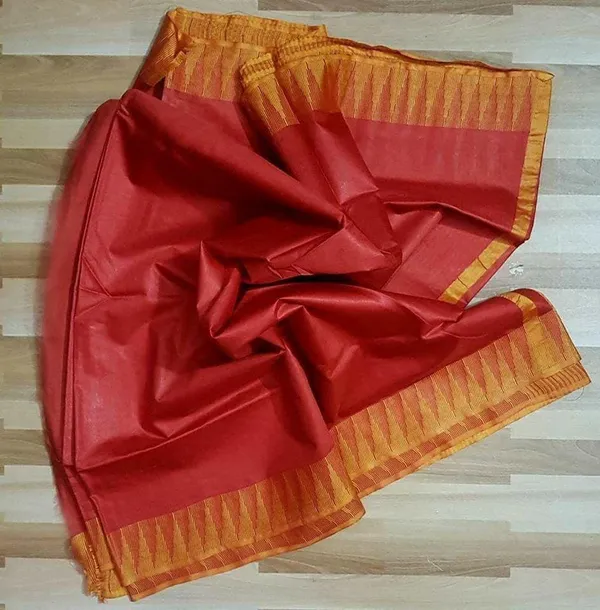 Semi_Tussar_Silk_Handloom_Temple_Border_Bhagalpuri_Saree_(100190_Deep_Red-Orange)