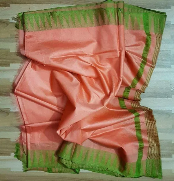 Semi_Tussar_Silk_Handloom_Temple_Border_Bhagalpuri_Saree_(100191_Peach_Orange-Mehndi_Green)