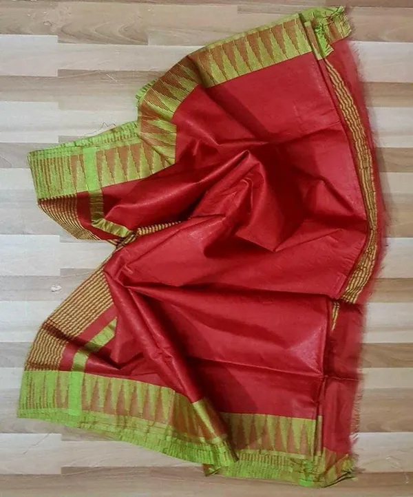 Semi_Tussar_Silk_Handloom_Temple_Border_Bhagalpuri_Saree_(100193_Poppie_Red-Parrot)