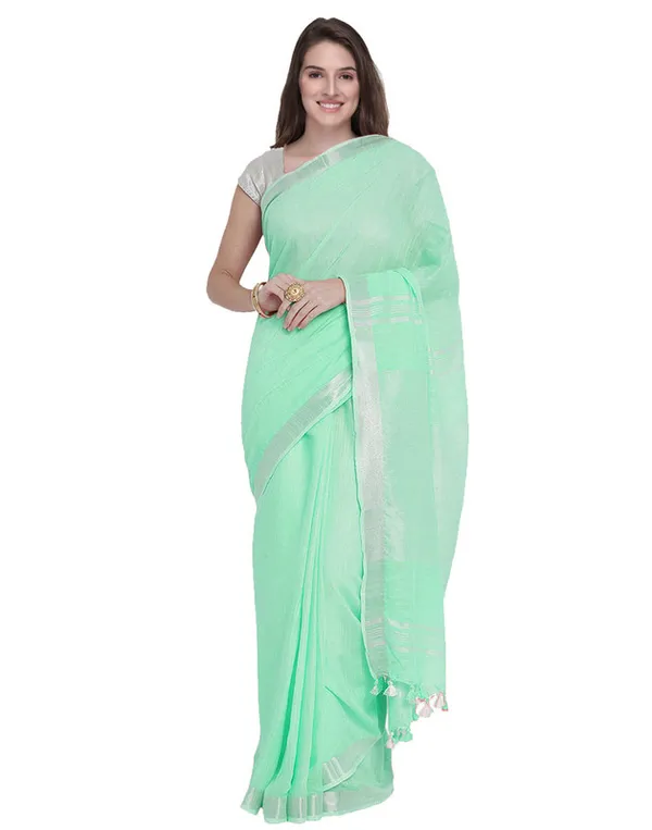 Authentic_Aquamarine_Turquoise_Bhagalpiuri_Handloom_Linen_Saree_with_Zari_Border
