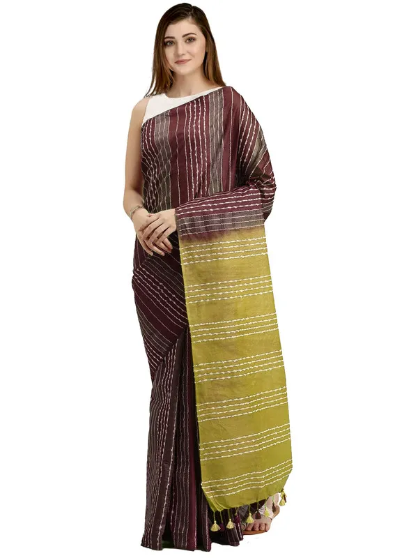 Cordovan_Brown_&_Citron_Green_Kota_SIlk_Bhagalpuri_Handloom_Striped_Two_Dye_Saree