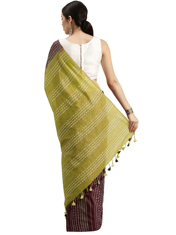 Cordovan_Brown_&_Citron_Green_Kota_SIlk_Bhagalpuri_Handloom_Striped_Two_Dye_Saree