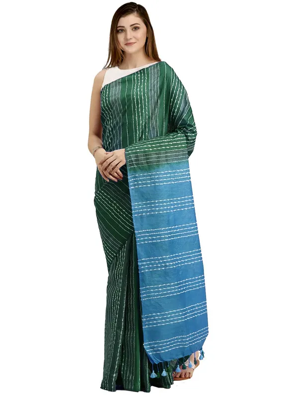 Hooker's_Green_&_Neon_Cyan_Kota_SIlk_Bhagalpuri_Handloom_Striped_Two_Dye_Saree