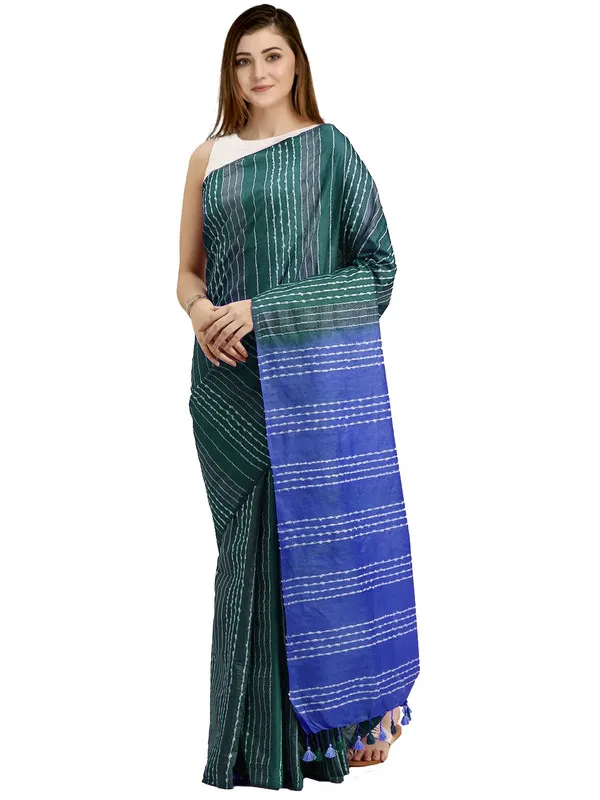 Myrtle_Green_&_Neon_Blue_Kota_SIlk_Bhagalpuri_Handloom_Striped_Two_Dye_Saree