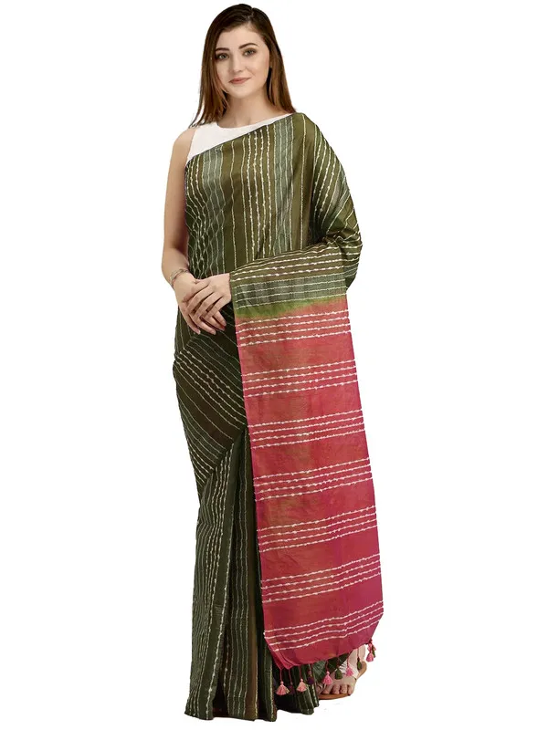 Olive_Green_&_Coral_Red_Kota_SIlk_Bhagalpuri_Handloom_Striped_Two_Dye_Saree