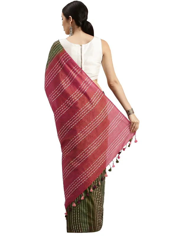 Olive_Green_&_Coral_Red_Kota_SIlk_Bhagalpuri_Handloom_Striped_Two_Dye_Saree
