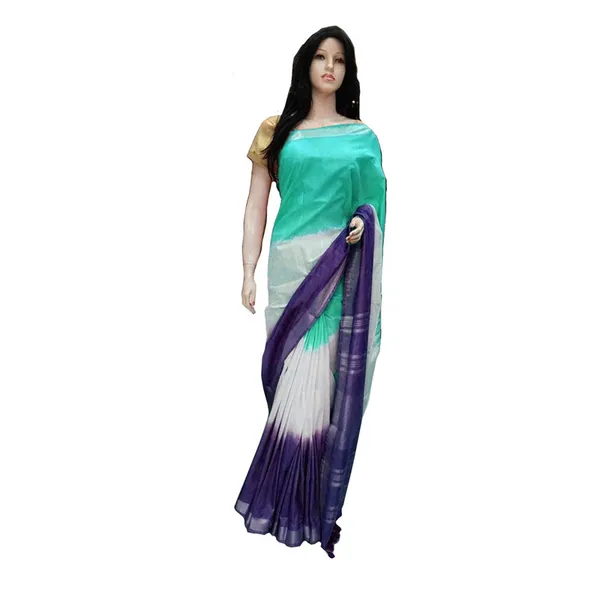 Linen_Cotton_Blend_Handloom_Tie-Dye_Bhagalpuri_Saree_(Aquamarine_Turquoise-White-Indigo_Blue)