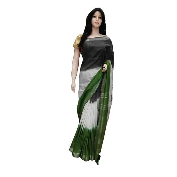 Linen_Cotton_Blend_Handloom_Tie-Dye_Bhagalpuri_Saree_(Black-White-Dark_Green)
