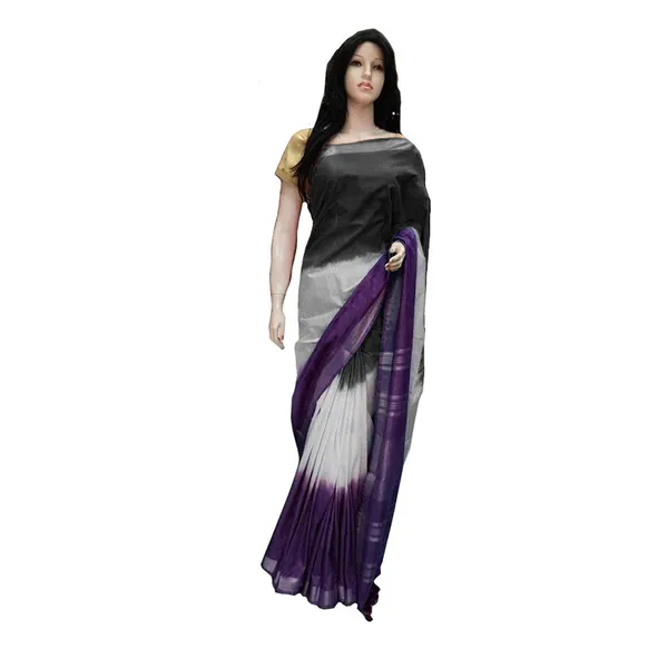 Linen_Cotton_Blend_Handloom_Tie-Dye_Bhagalpuri_Saree_(Black-White-French_Purple)