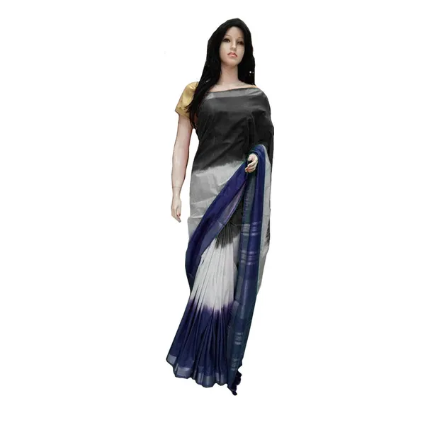 Linen_Cotton_Blend_Handloom_Tie-Dye_Bhagalpuri_Saree_(Black-White-Navy_Blue)