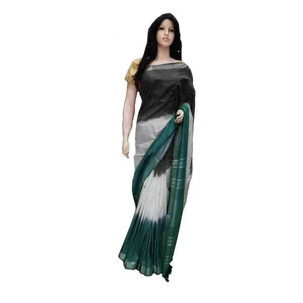 Linen_Cotton_Blend_Handloom_Tie-Dye_Bhagalpuri_Saree_(Black-White-Pine_Green)